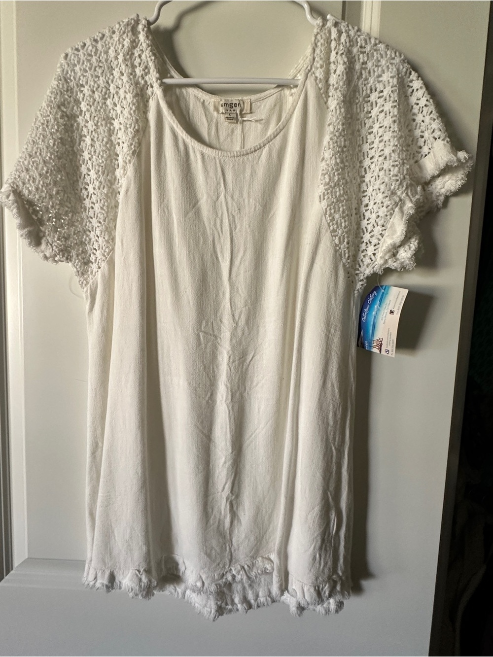 Umgee Cream Crochet Sleeve Fringe Hem Tunic